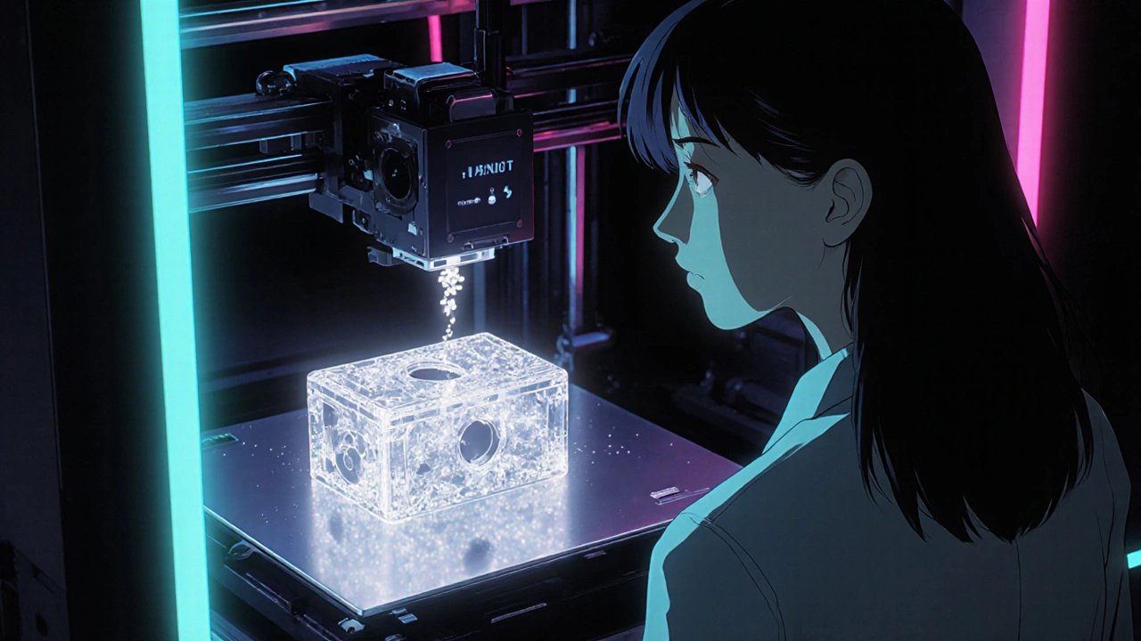 3D printer extruding filament filled with white aluminium hydroxide particles.