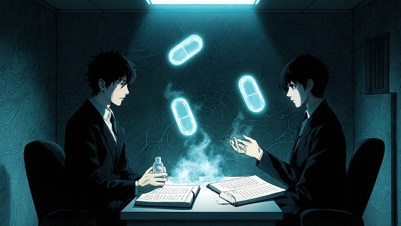 A doctor and patient at a table with floating ghostly pills and neural-patterned walls.