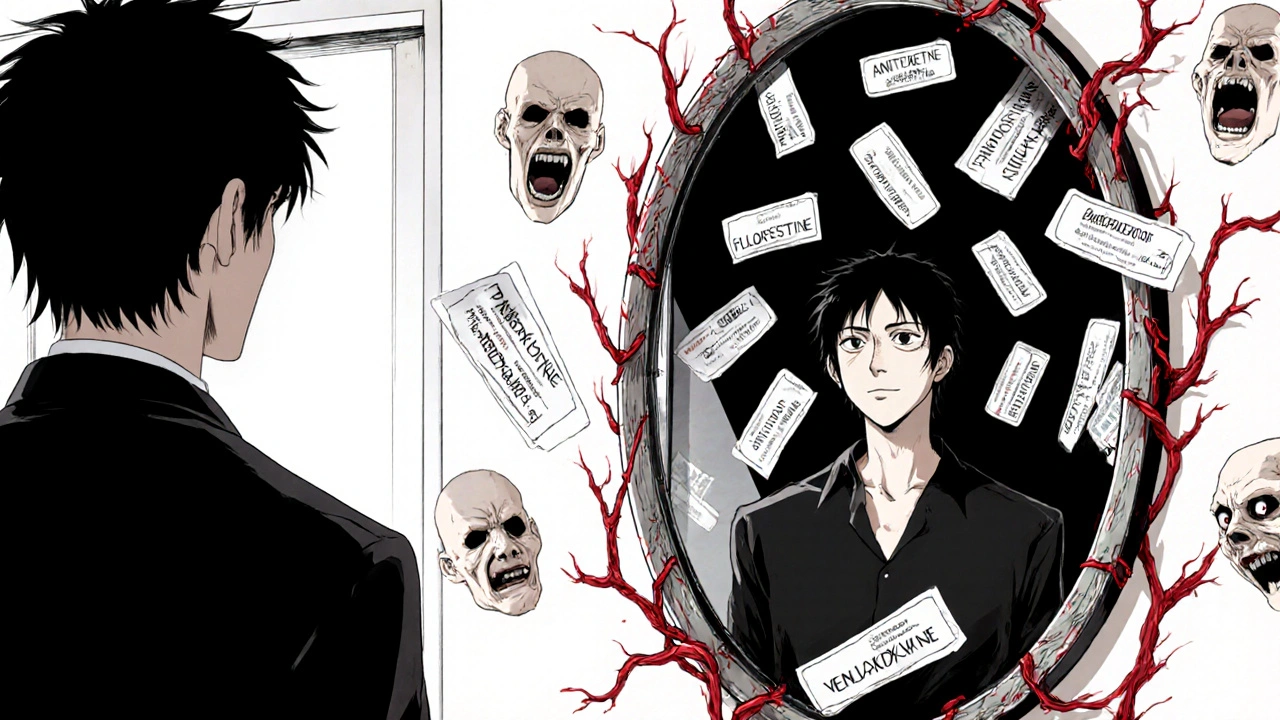 A person's split reflection showing health and decay, surrounded by cursed medication labels.