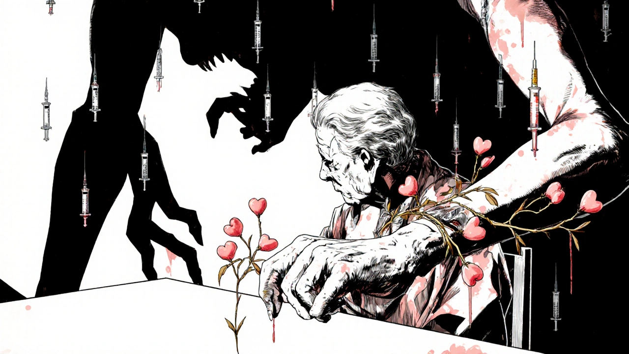 An elderly person’s shadow monster being stopped by heart-shaped flowers from incretin hormones.