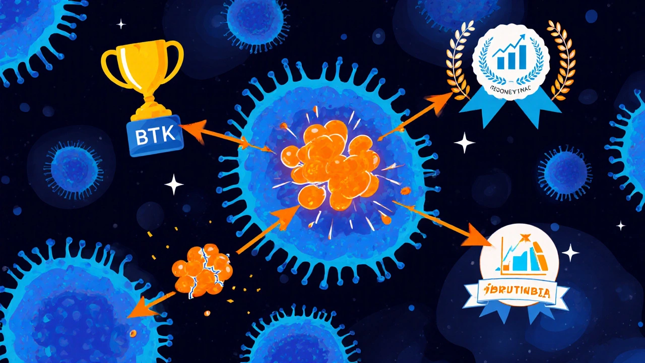 Cartoon B‑cell showing ibrutinib molecules blocking BTK signaling.