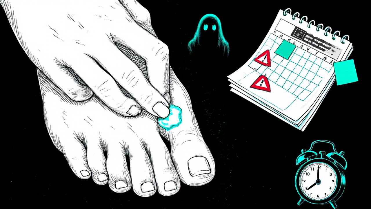 Close‑up hand applying cream to toe web with calendar and alarm reminders in the background.