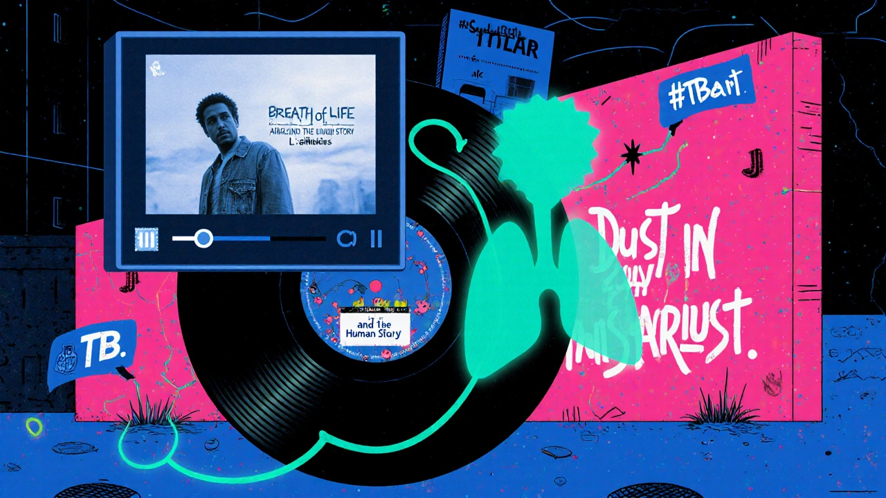 Collage of documentary screen, vinyl record, graffiti hashtag, and TB bacteria.