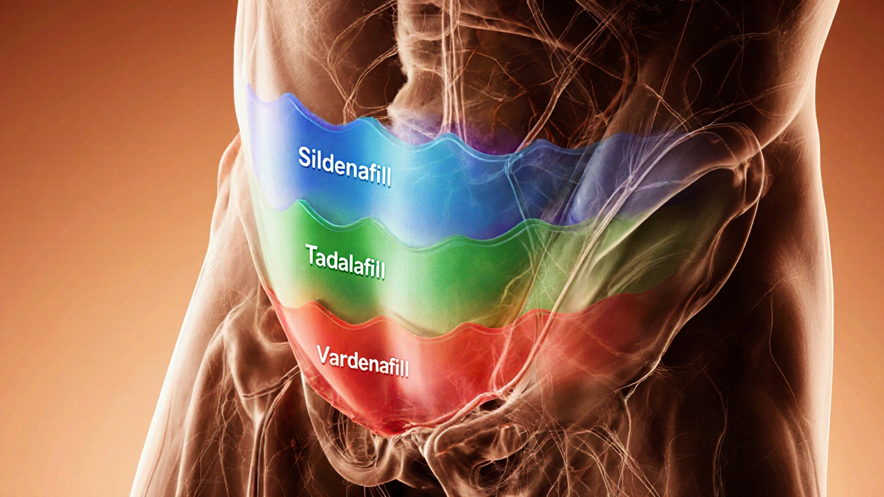 Cross‑section of male pelvis with three colored waves indicating three ED drugs.