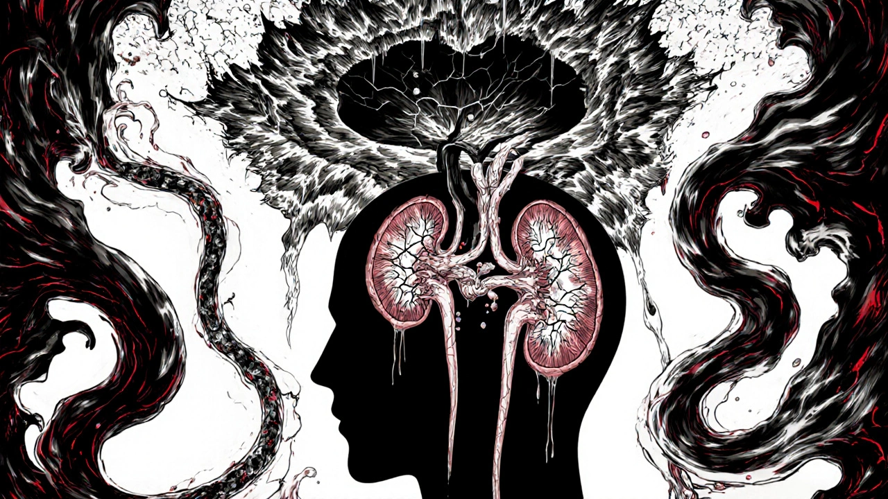 Detailed kidney, brain, and cortisol waves illustrated as twisted organs with ominous tendrils.