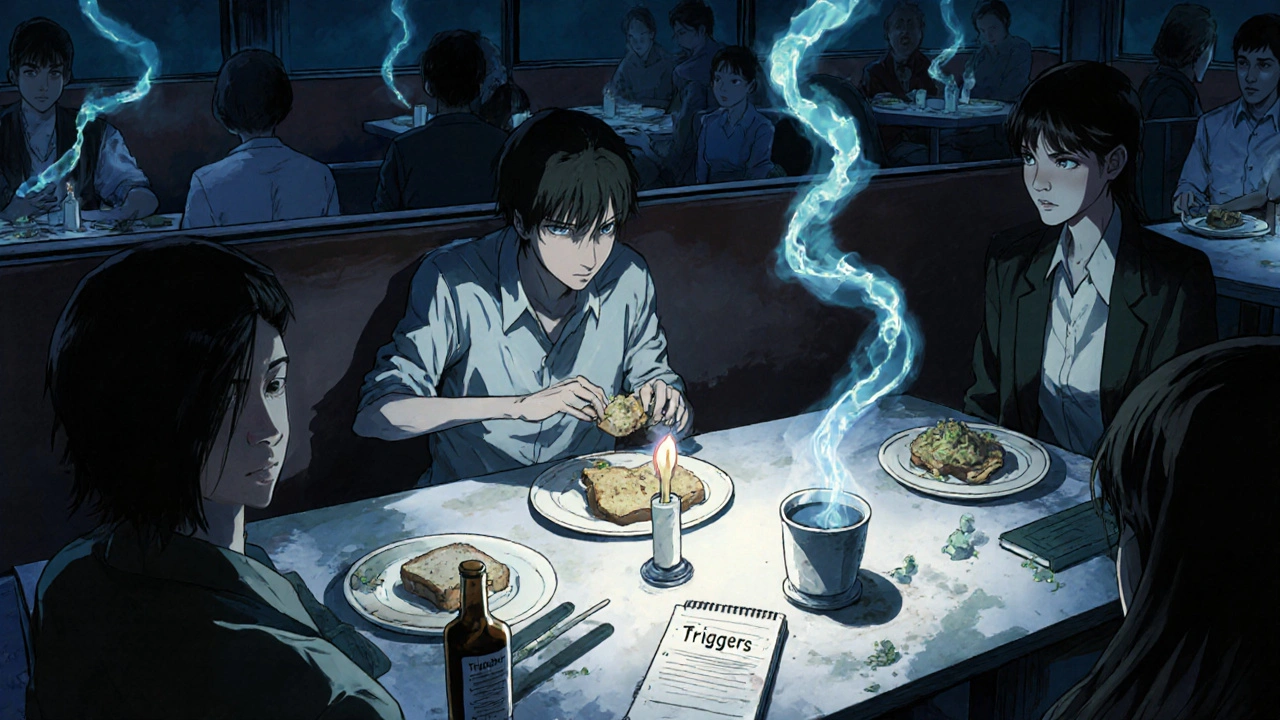 Diner rejecting a sandwich as ghostly acid tendrils rise from the table, with medication bottle nearby.