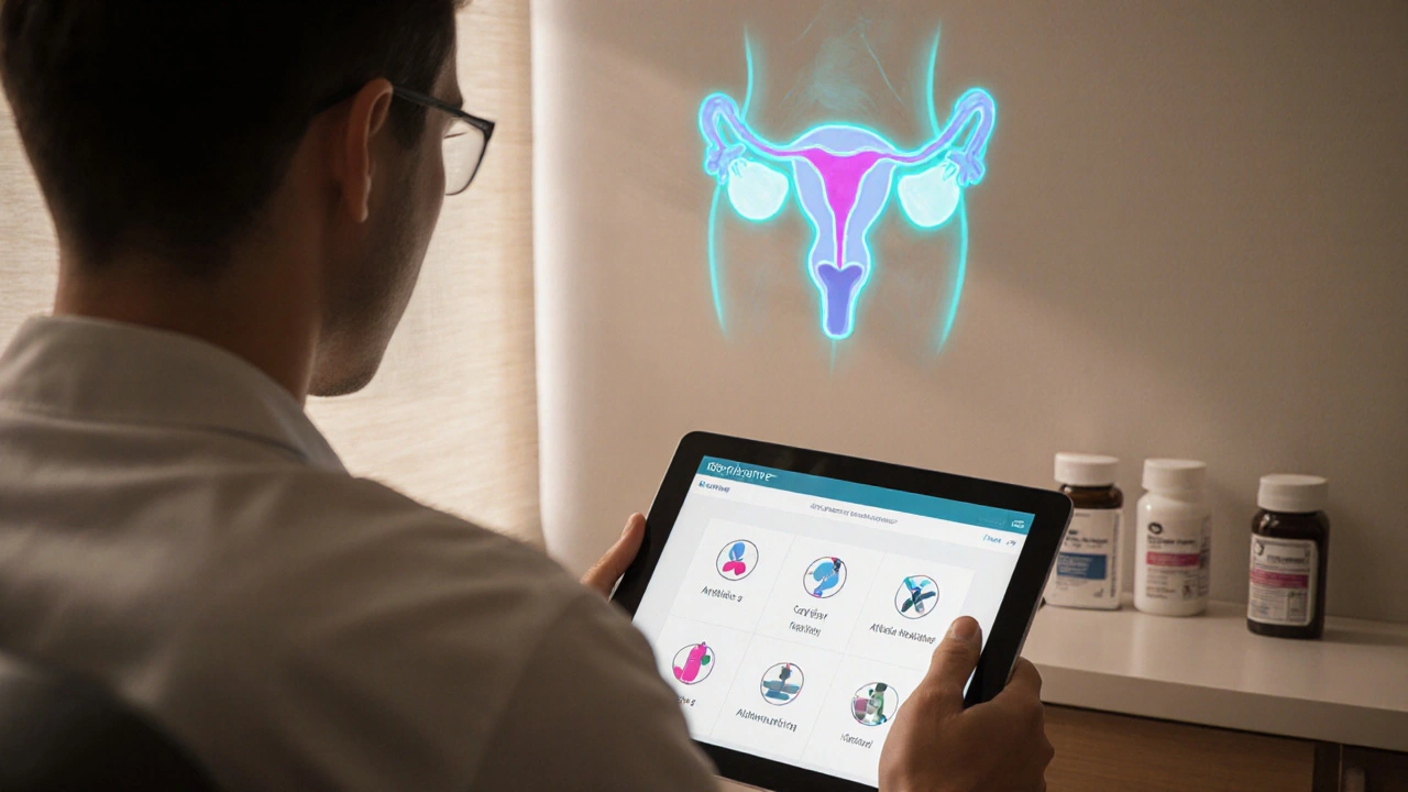 Doctor consulting a patient, reviewing antibiotic options for a urinary‑tract infection.