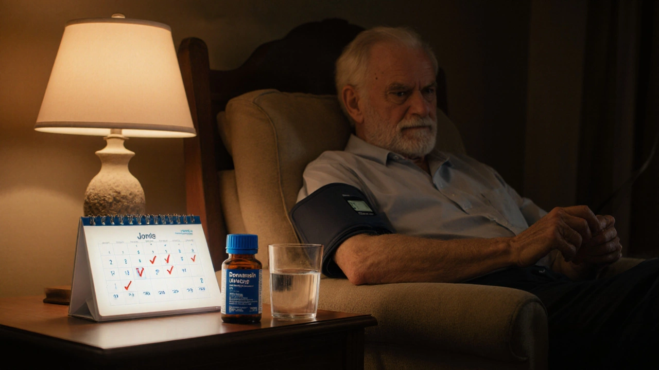 Elderly person checking blood pressure at home with a Doxazosin bottle nearby.