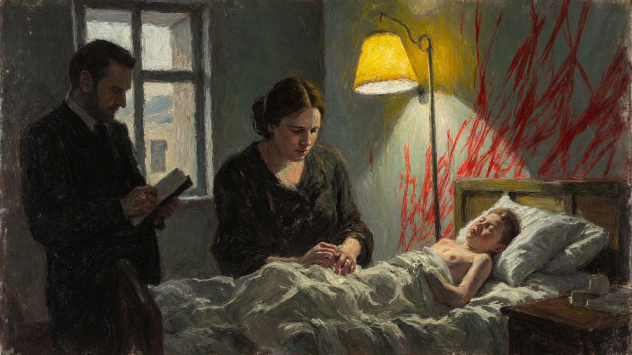 Expressionist painting of a sick child, grieving mother, and writer in a ward.