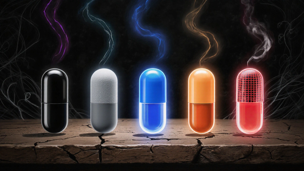 Five different pills lined up, each with a distinct aura indicating onset and duration.