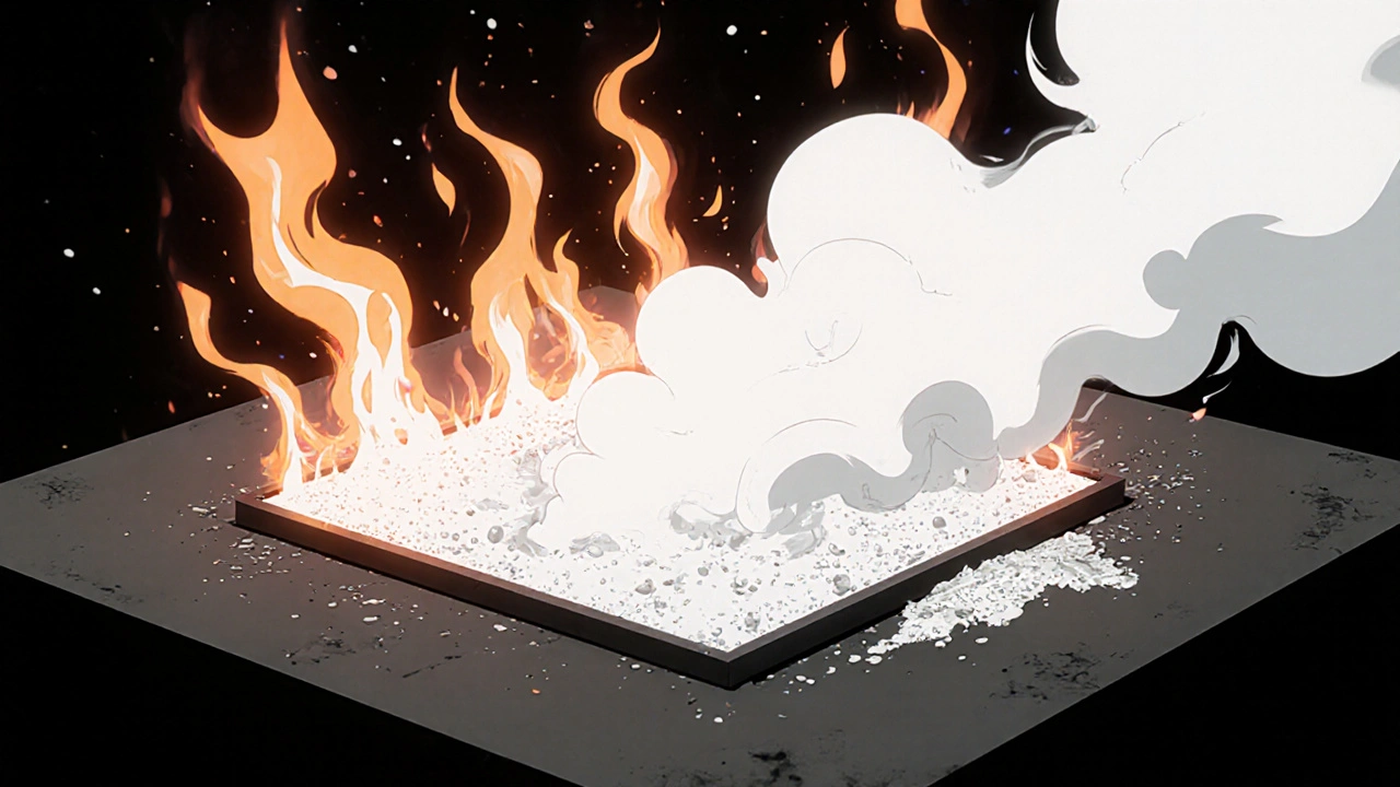 Flaming polymer panel releasing white steam and forming a protective char.