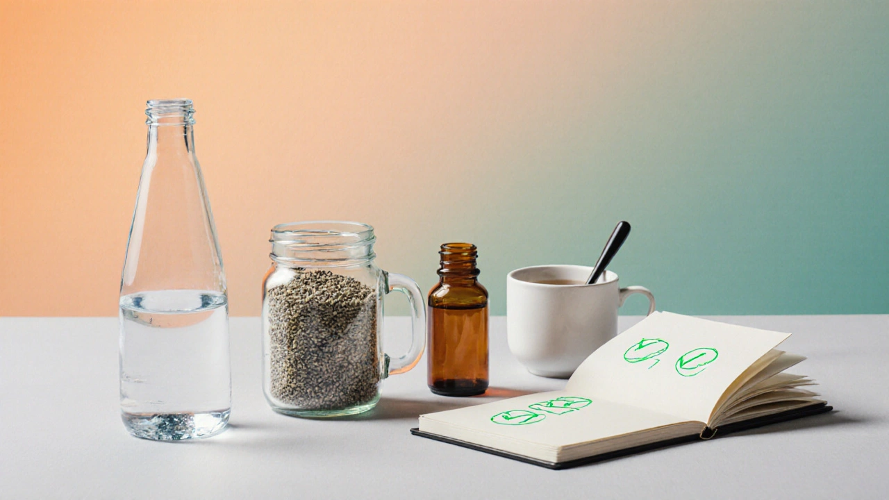 Flat‑lay of water bottle, tea cup, psyllium jar, magnesium bottle, and notebook showing a daily checklist.