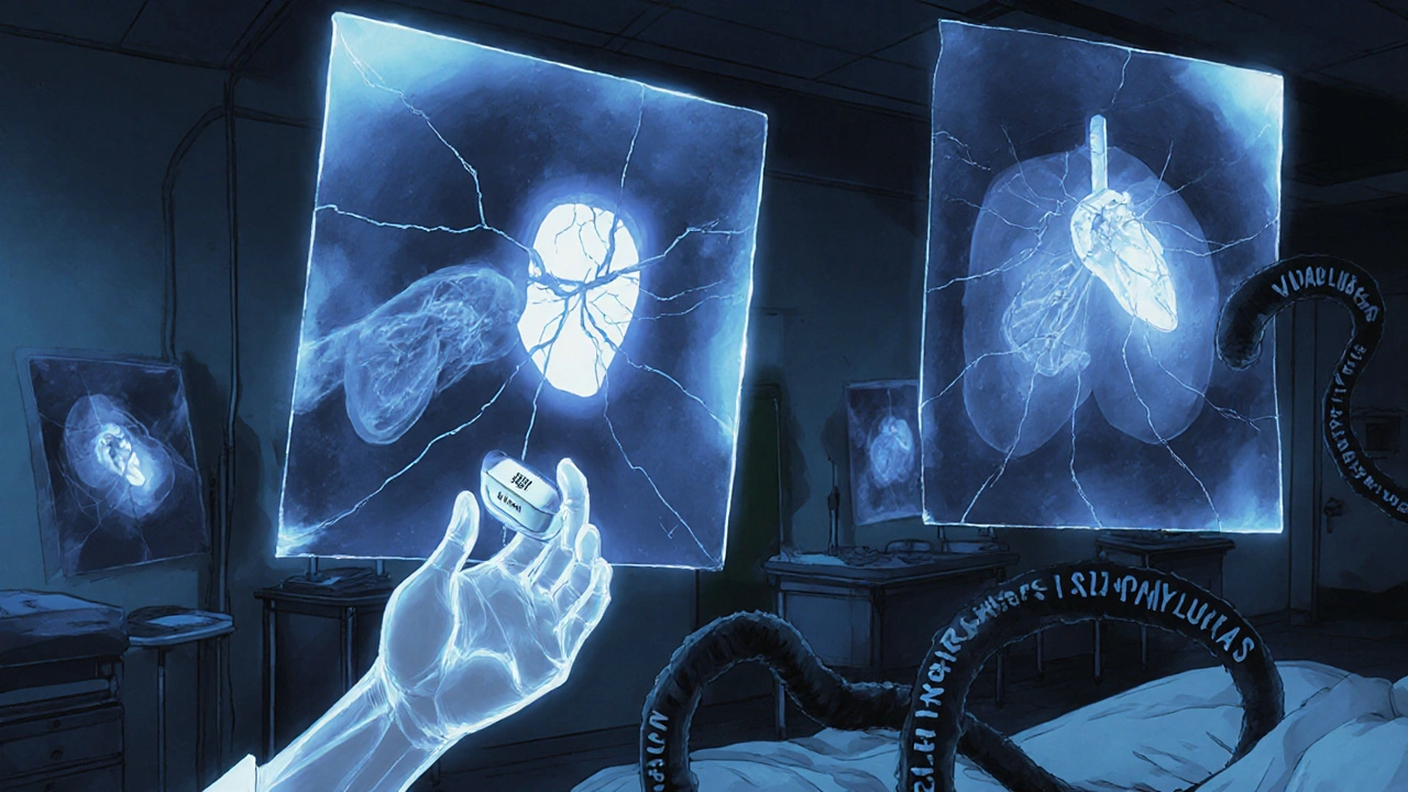 Floating X-rays of hearts in glass cases, one being repaired by a Vidagliptin tablet in a haunted hospital.