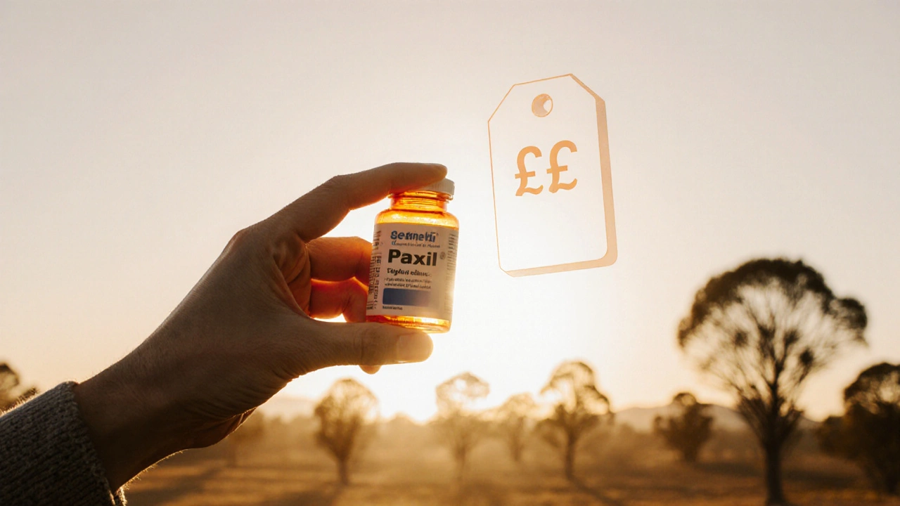 Hand holding Paxil bottle against sunrise eucalyptus backdrop, soft glow conveying peace and savings.