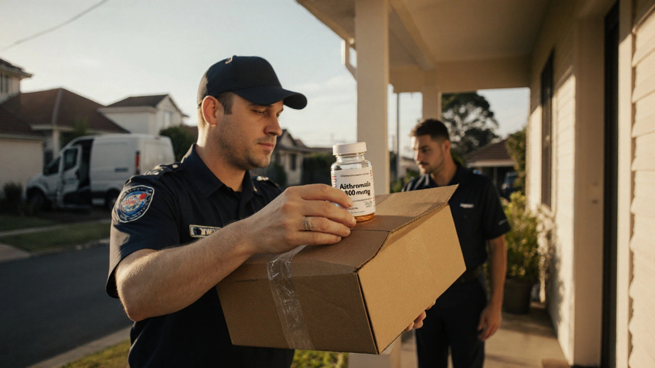 Homeowner receiving a delivery box and checking a sealed azithromycin medicine bottle.