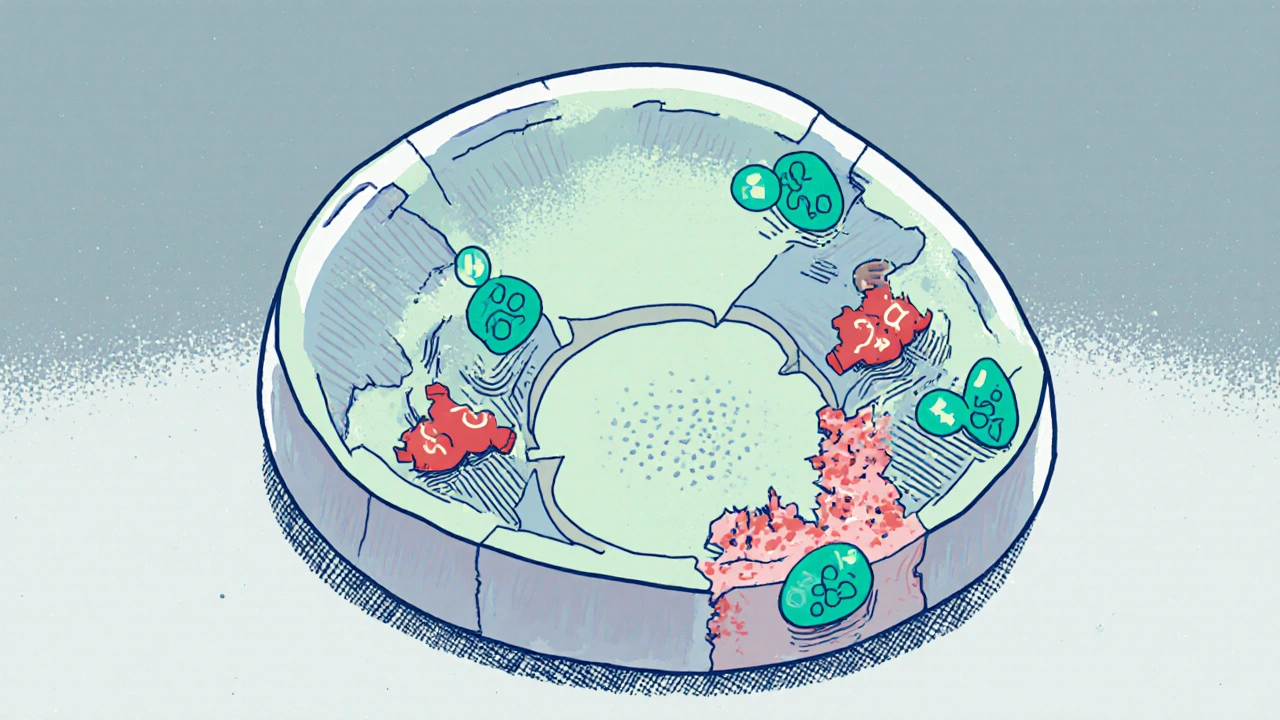 Illustration of Cefixime breaking bacterial cell walls of E. coli.