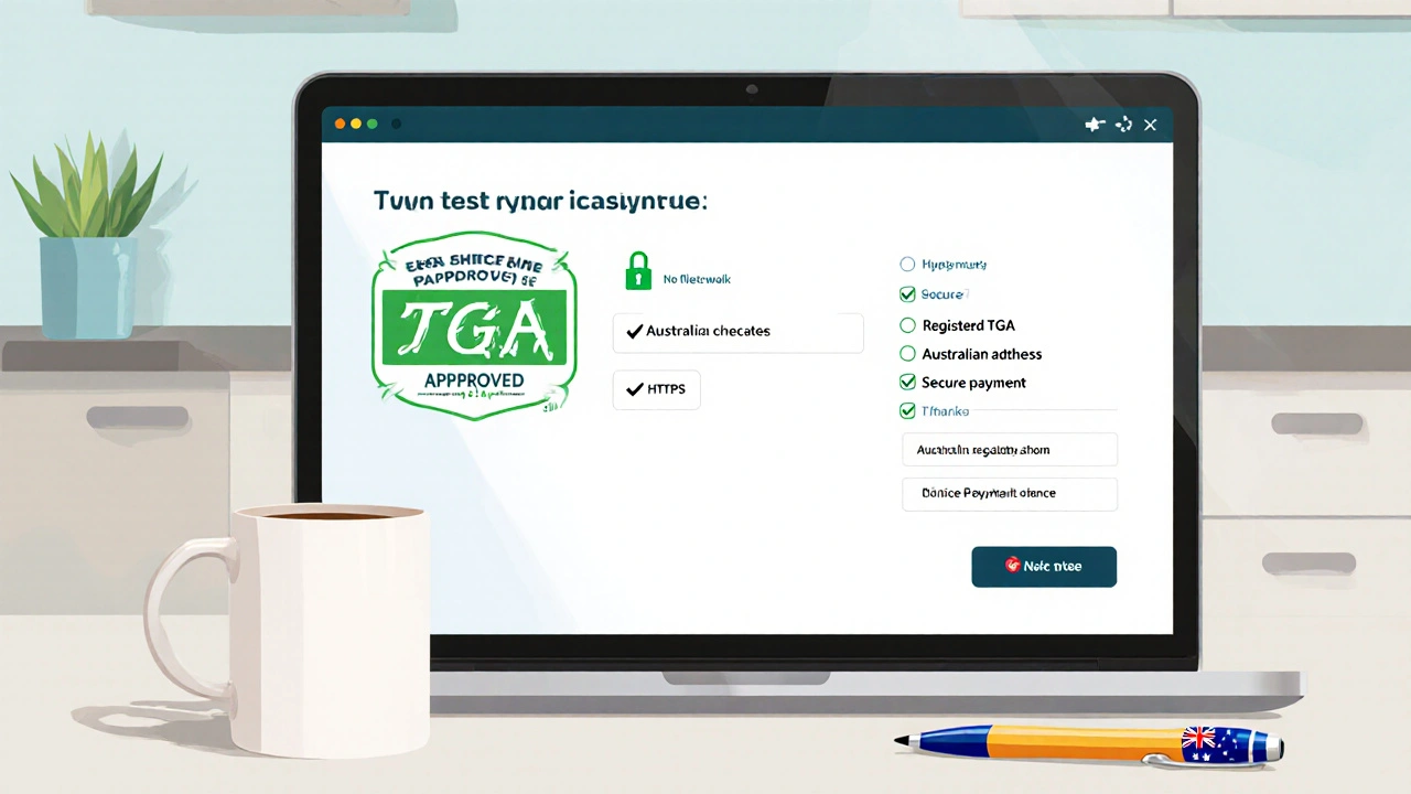 Laptop screen showing secure online pharmacy checkout with trust badges.