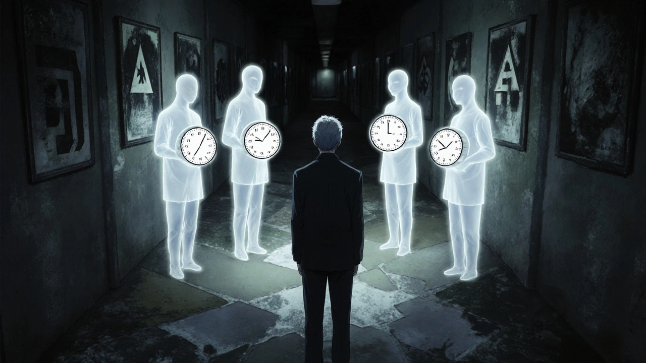 Man at a hallway crossroads faced by ghostly figures holding clocks showing medication windows.