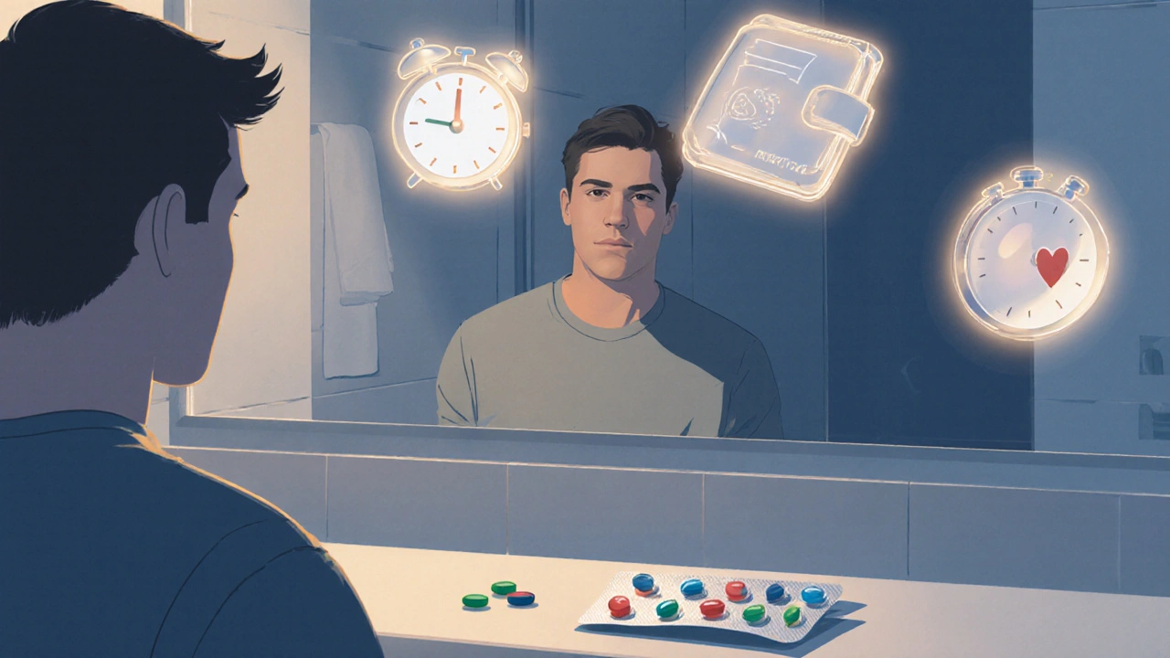 Man in bathroom pondering choices, with clock, wallet, and heart icons around pills.
