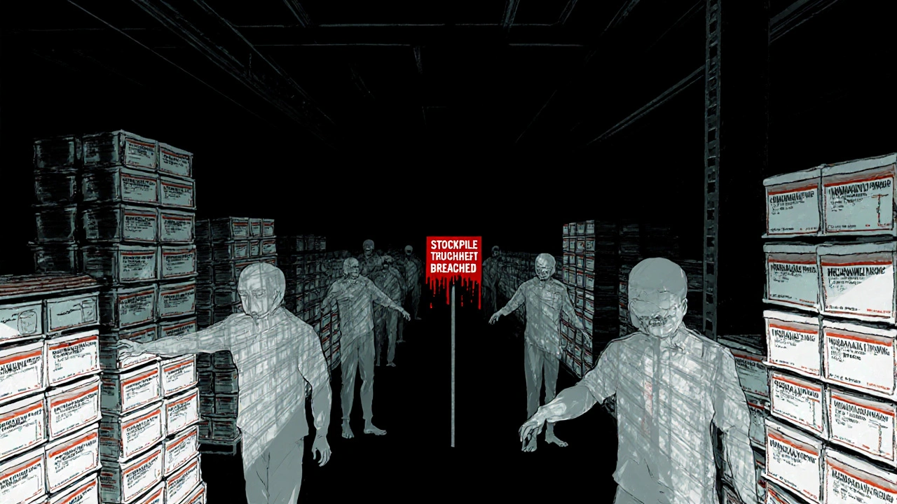 Massive underground warehouse filled with oseltamivir packs, ghostly patients reaching from shadows.