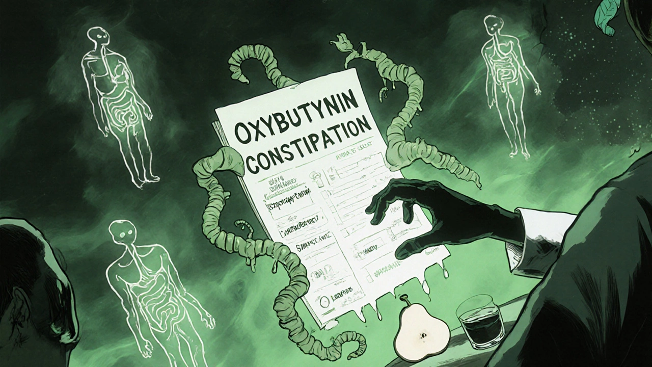 Medical chart bleeding into writhing worms forming 'Oxybutynin' and 'Constipation', with floating patient silhouettes.