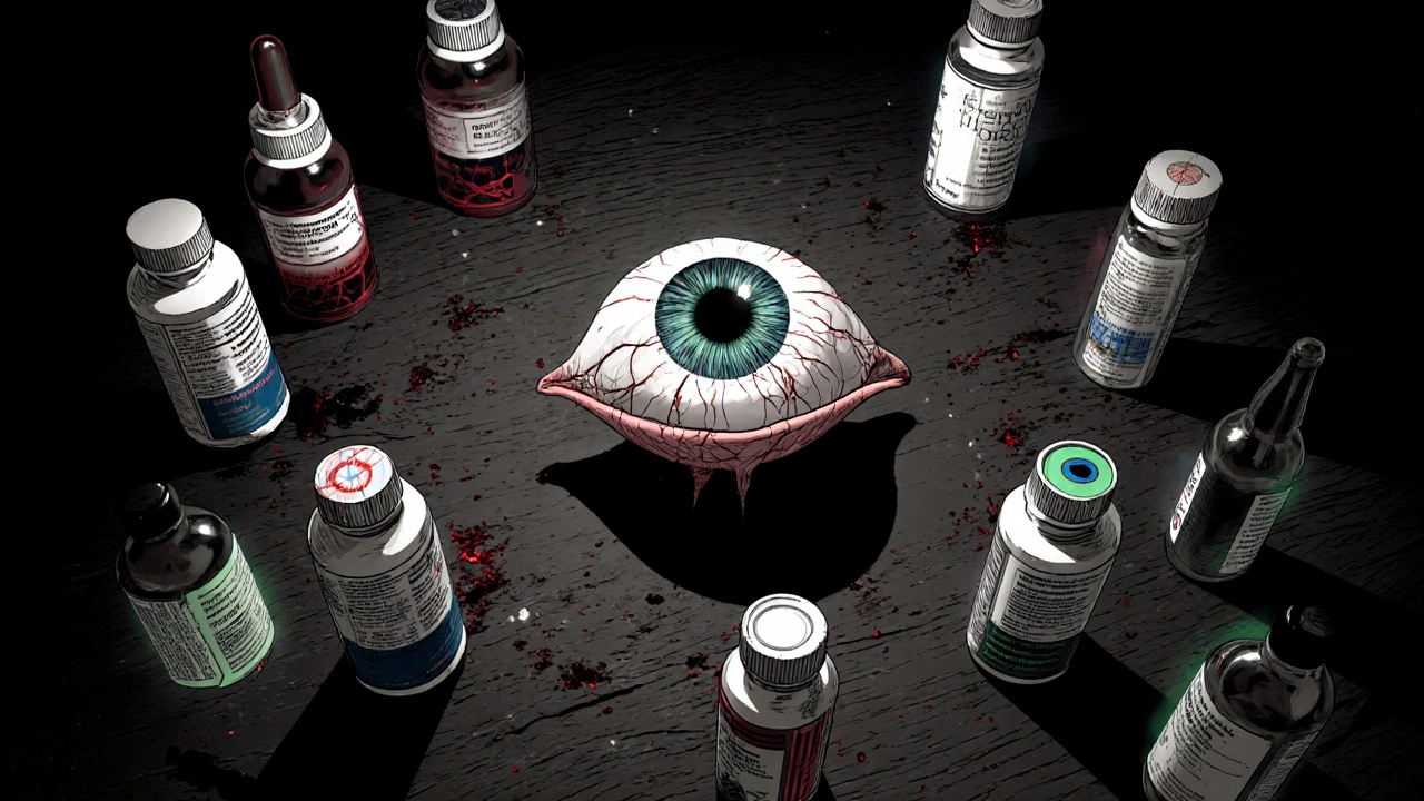 Medication bottles surround an eye showing different damage effects.