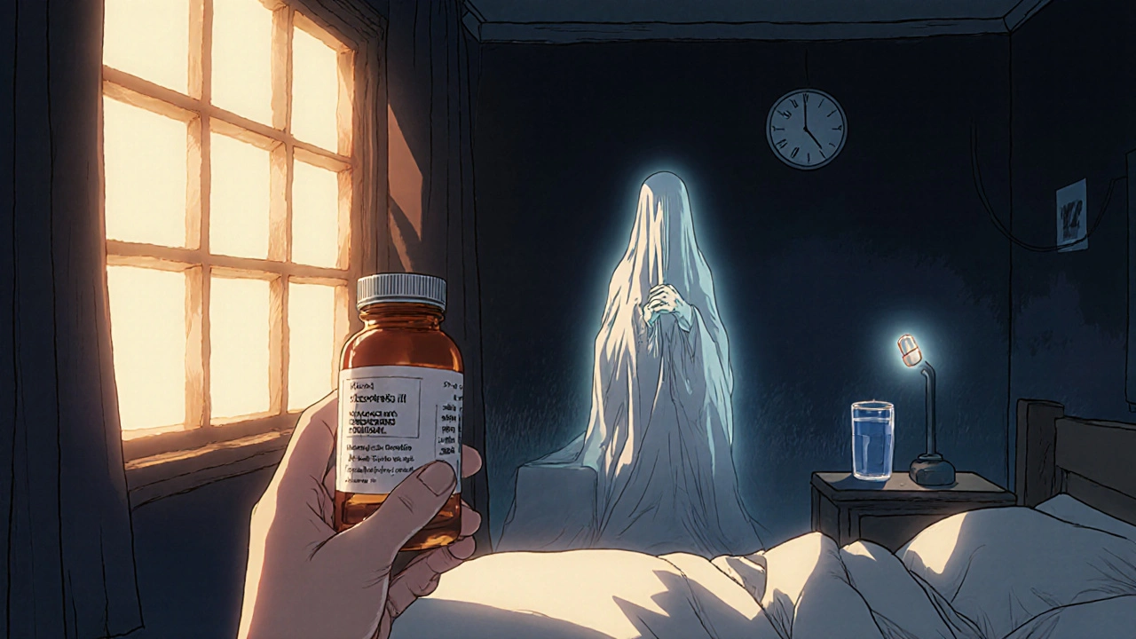 Morning pill taken, then a calm night bedroom with a guardian figure, water glass, and melatonin glow.