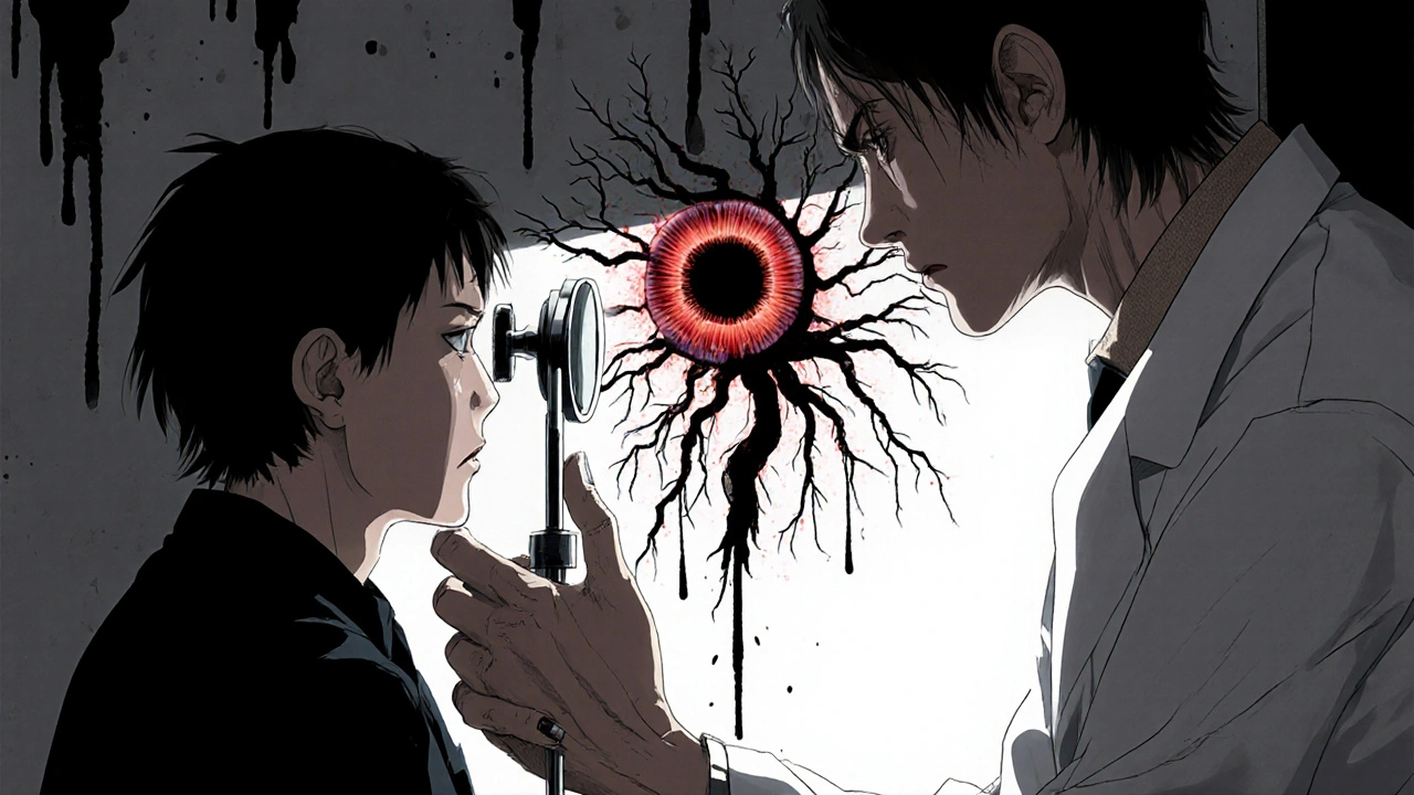 Ophthalmologist examines a patient's eye, highlighting inflammation with surreal, dark details.