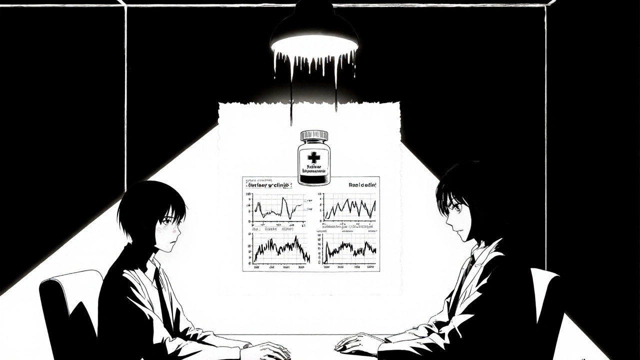 Patient and doctor in a clinical room with a ghostly pill bottle and ink‑like medical charts.
