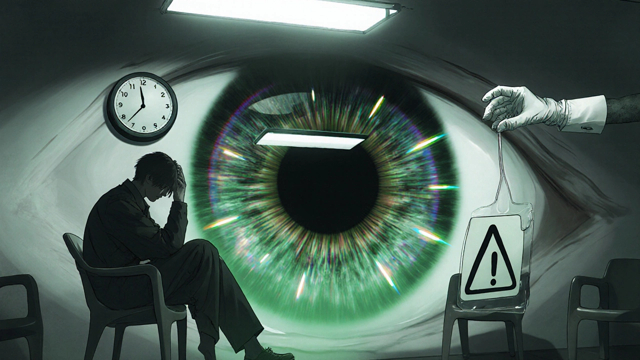 Patient in a clinic sees a looming eye with halos, indicating warning signs.