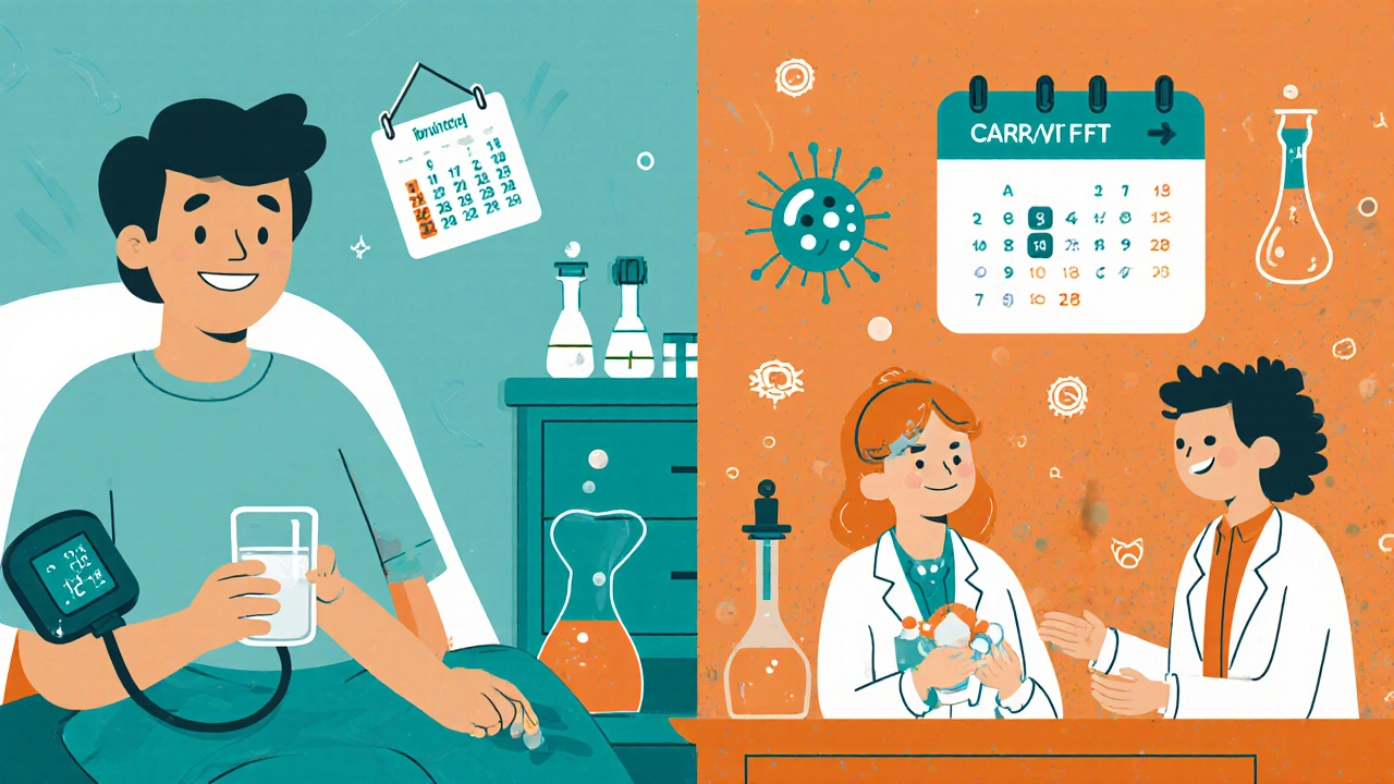 Patient taking ibrutinib at home beside a lab depicting future trials.