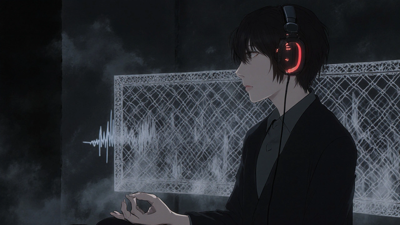 Person meditating with headphones and a protective barrier shielding them from sound.