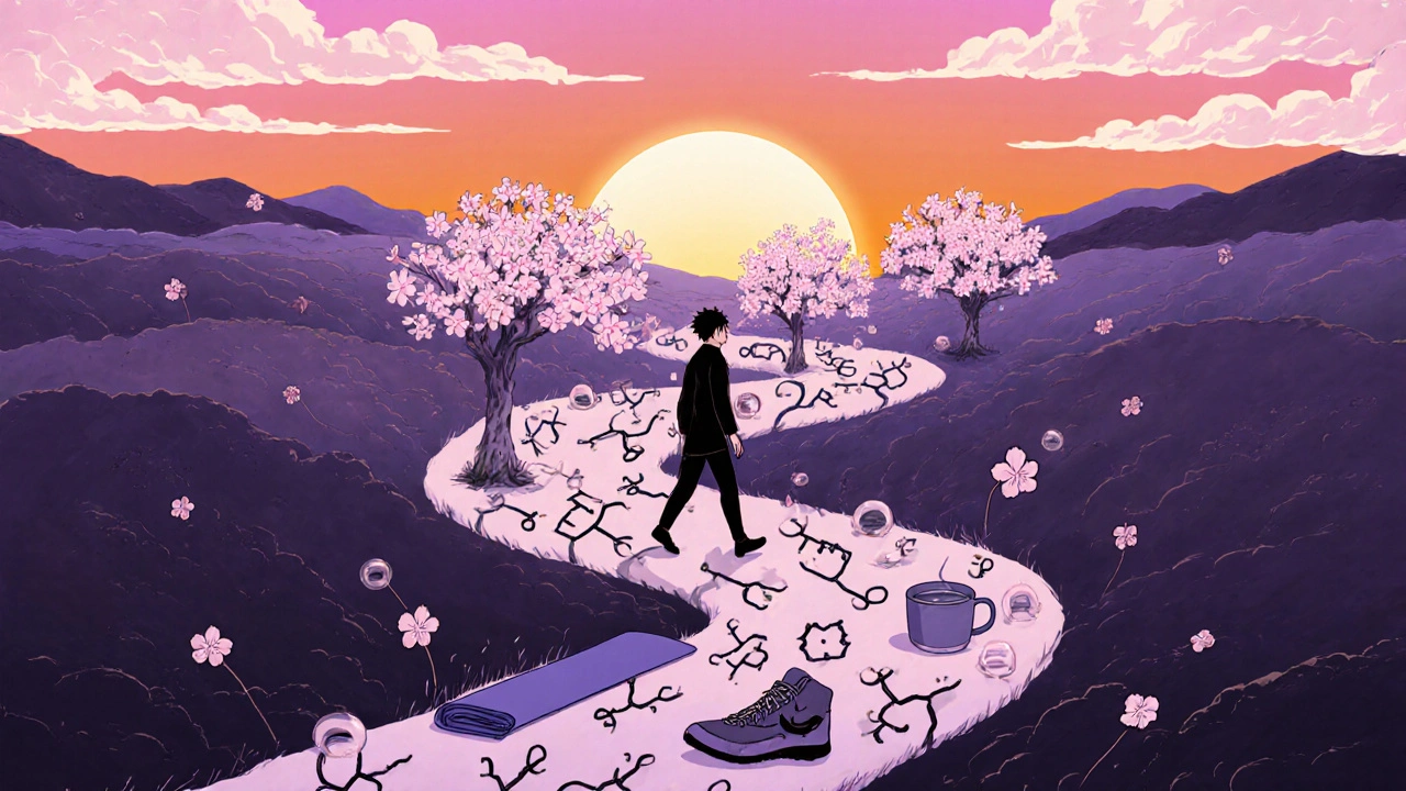 Person walking a winding path of hormones turning into blossoms with wellness items.