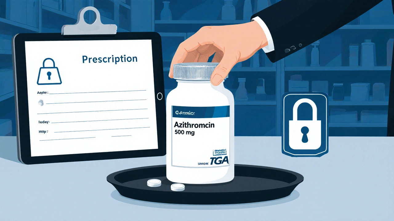 Pharmacist’s desk with prescription, secure tablet, and sealed generic azithromycin bottle.