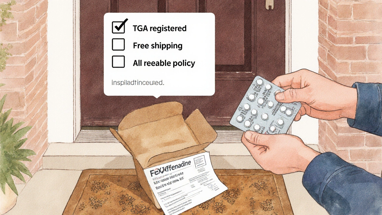 Recipient opening a sealed parcel containing generic fexofenadine tablets.