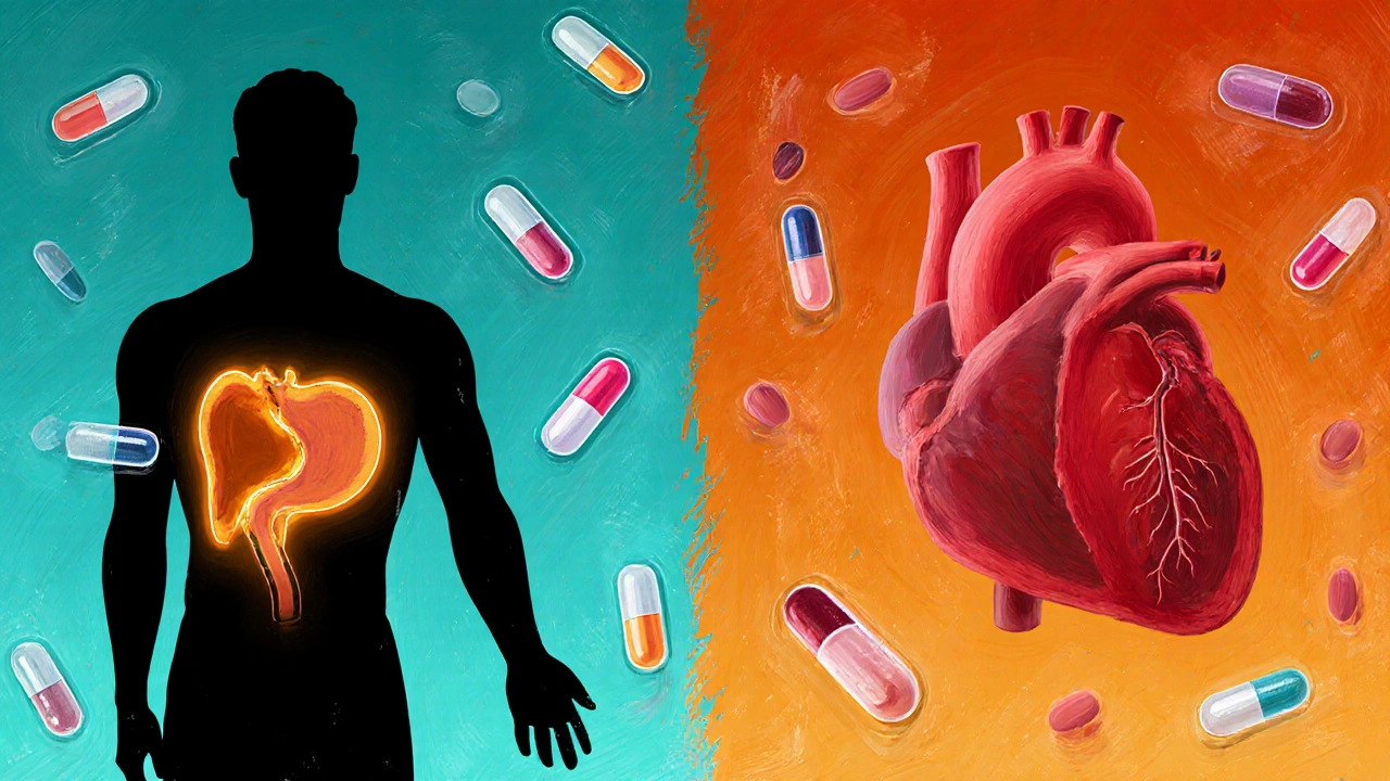 Split view showing heart and prostate silhouettes surrounded by colored medication capsules.