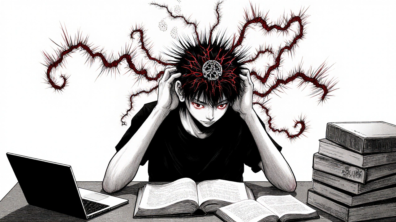Student studying with ghostly buzzing sound tendrils invading the workspace.