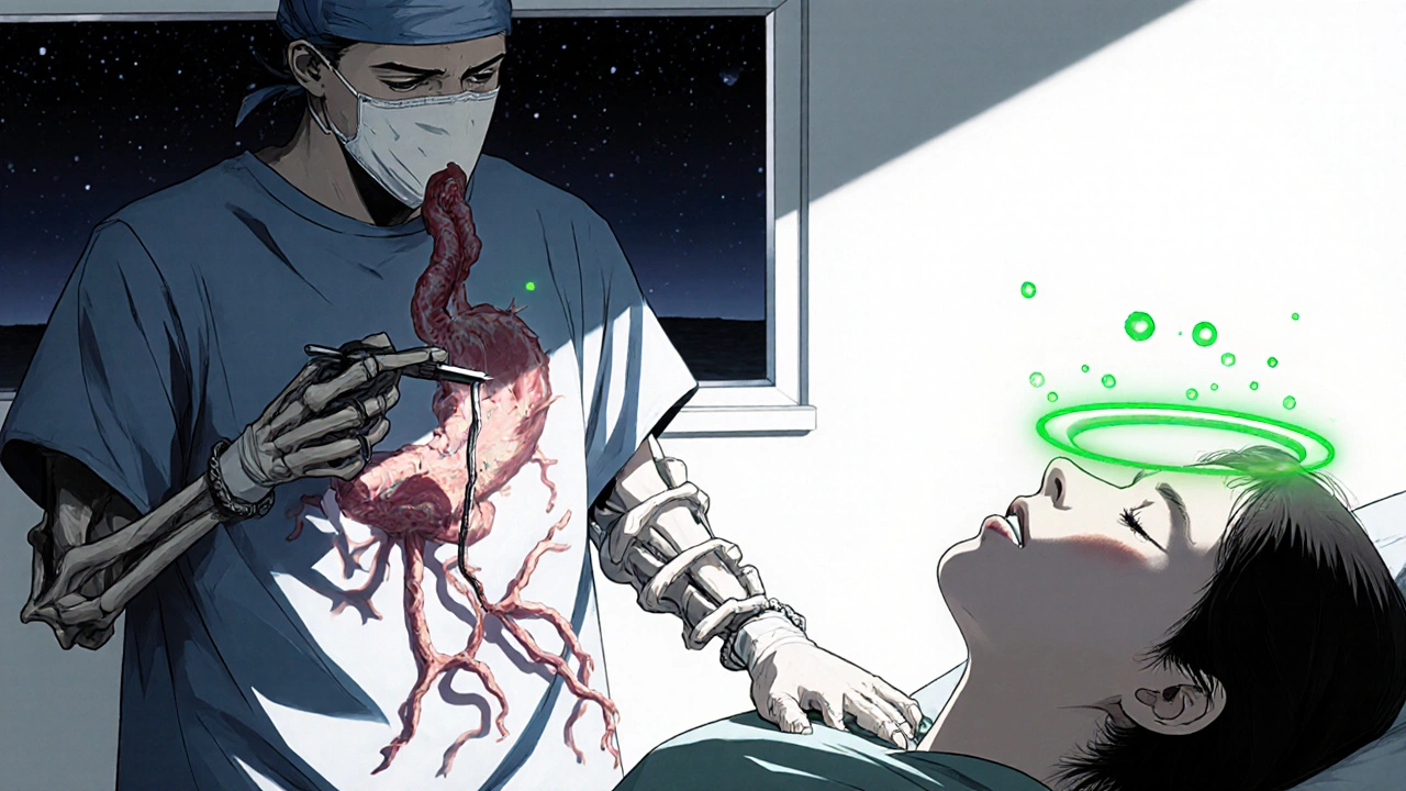 Surgeon performing fundoplication in a stark theater, patient sleeping peacefully under a soothing light.