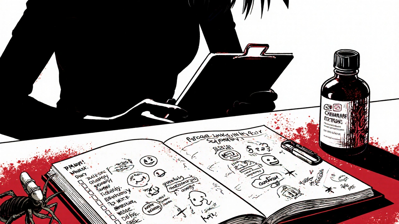 Symptom diary, therapist, and SSRIs bottle on a stark clinical desk.