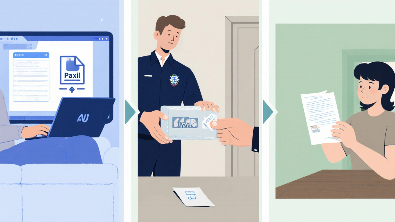 Three-panel illustration of ordering Paxil online: uploading prescription, receiving package, inspecting tablets.