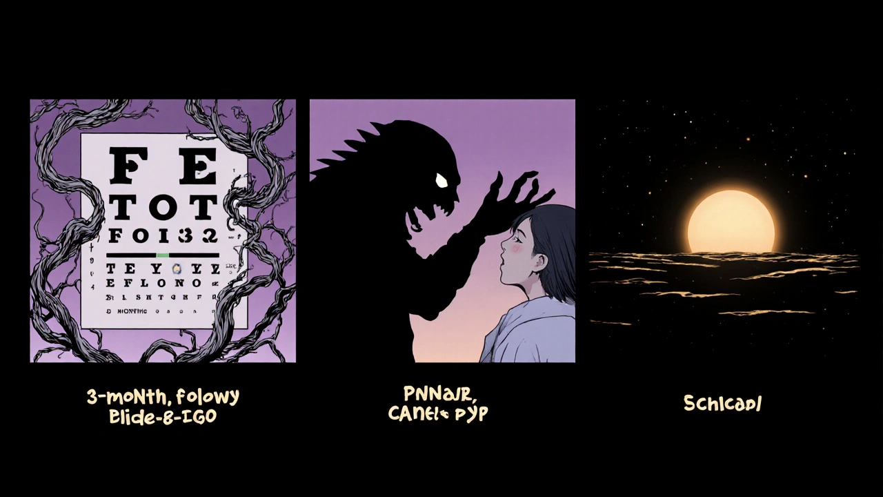 Timeline of eye‑exam check‑ups depicted in horror‑manga style, emphasizing monitoring.