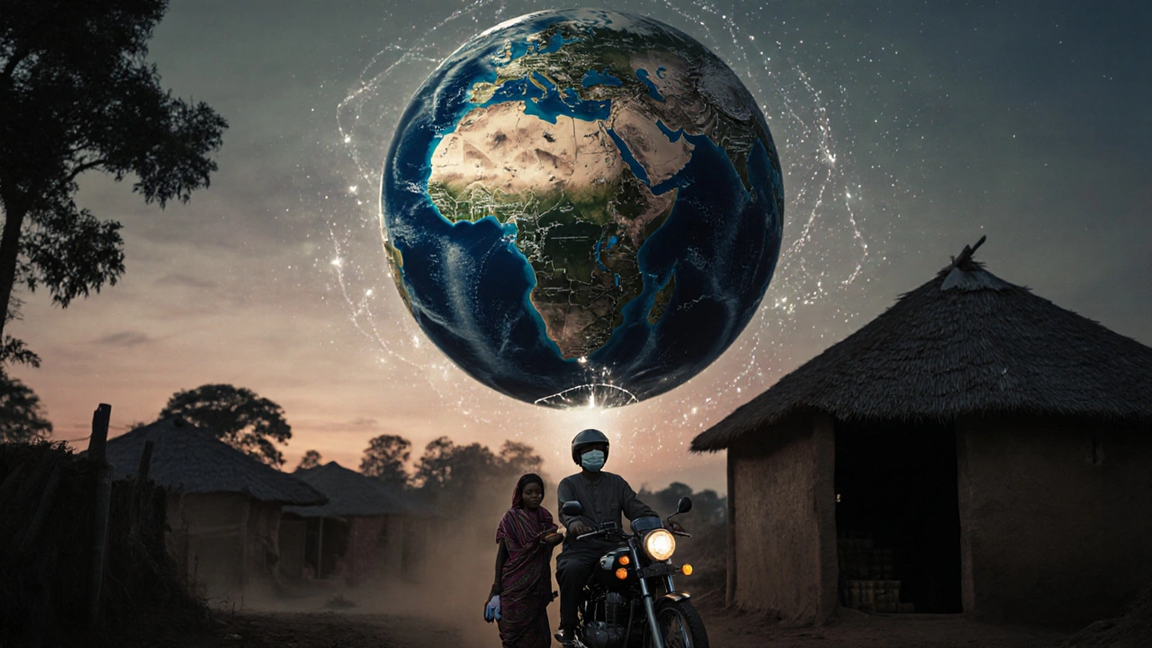 Village delivery of a single oseltamivir tablet as viral tendrils swirl around a crumbling global divide.