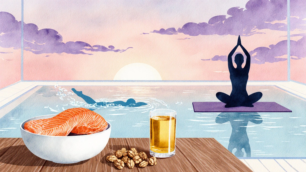 Watercolor scene showing salmon, walnuts, yoga pose, and a swimmer representing healthy lifestyle.