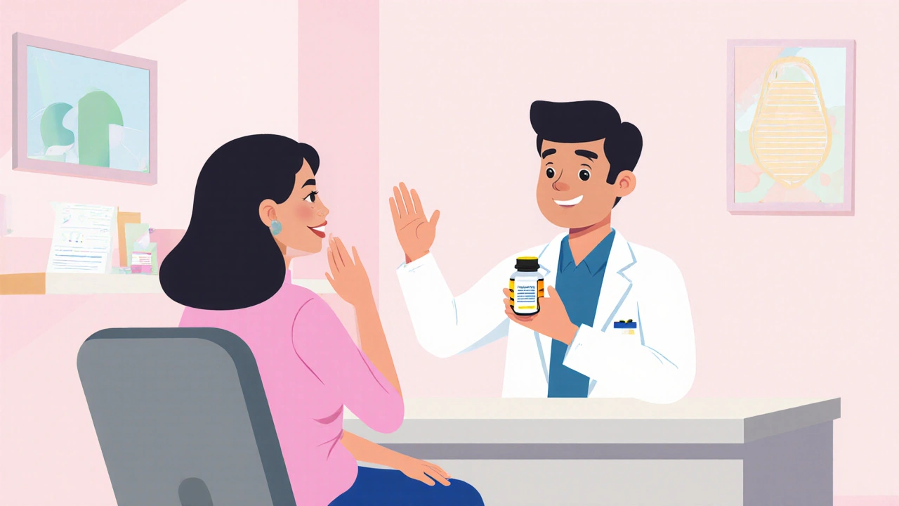 Woman discussing anti‑nausea options with a doctor in a clinic.