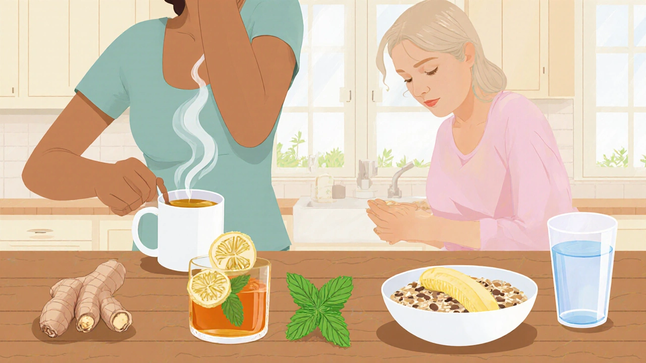 Woman enjoying ginger tea and whole‑grain toast for nausea relief.