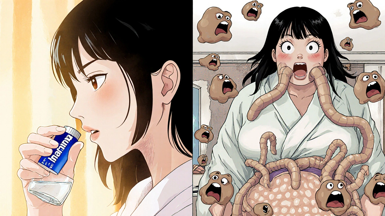 Woman taking Miralax in golden light vs. monstrous bloated version with tentacle bowels and screaming stool pellets.