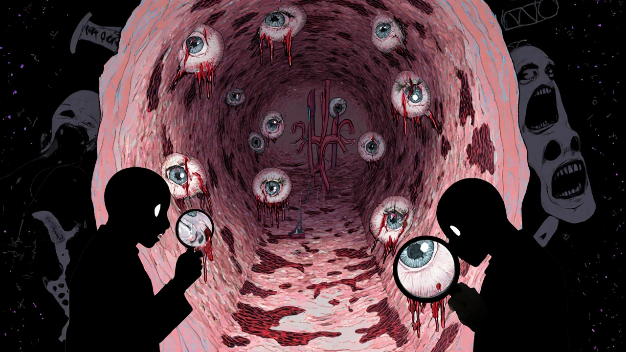 A biopsy needle piercing screaming glomeruli, with shadowy doctors and flowing dark fluid in eerie manga horror style.