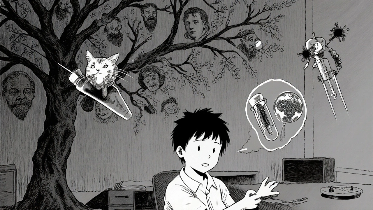 A child receiving allergy shots as floating allergen vials drill into their arm, with family members&#039; faces replaced by gasping mouths.