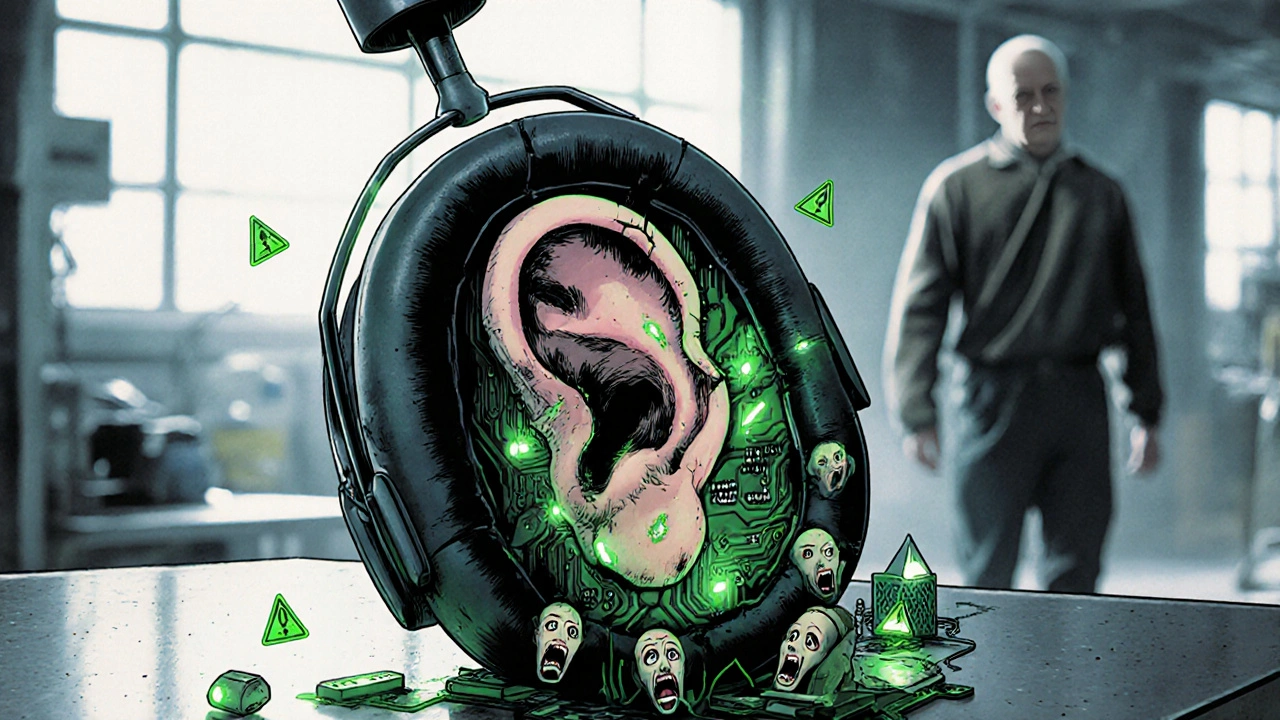 A cracked electronic earmuff revealing a living human ear inside, surrounded by glowing warning lights and trapped screaming faces.