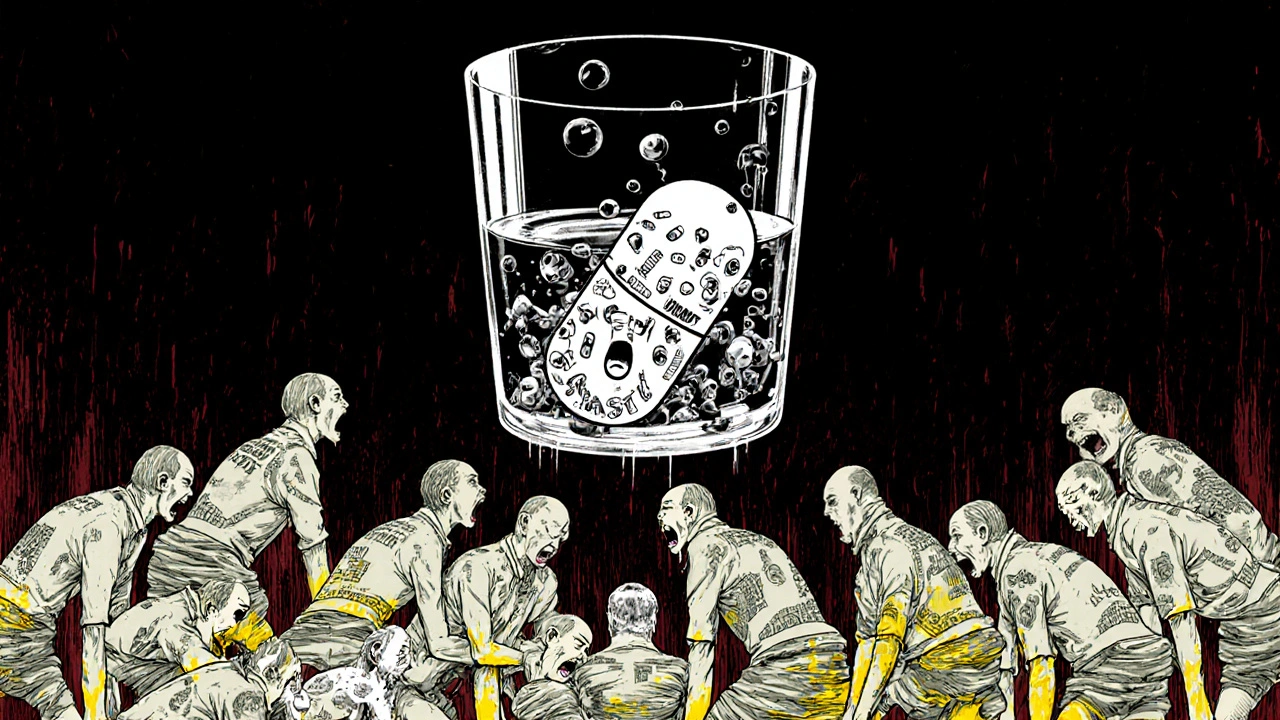 A dissolving combination pill releasing screaming faces of brand drugs, while patients made of money crumble below.